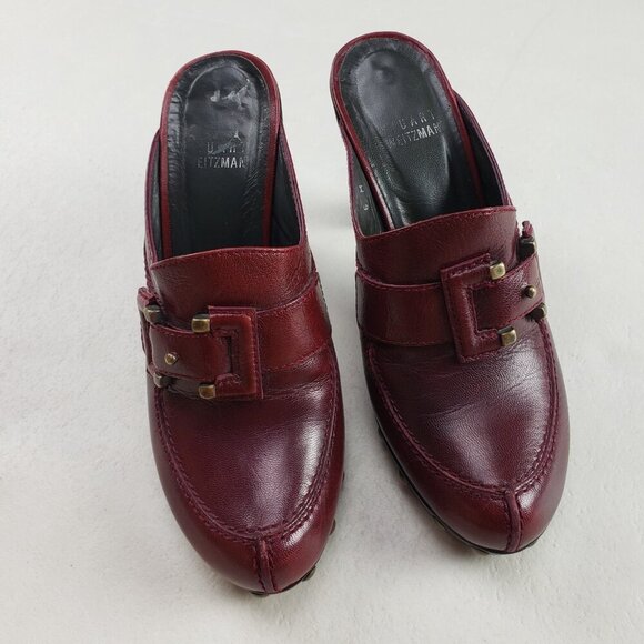 Stuart Weitzman Red Leather Clog Womens 6 Slip On Heel Studded Buckle Mule - Picture 3 of 16